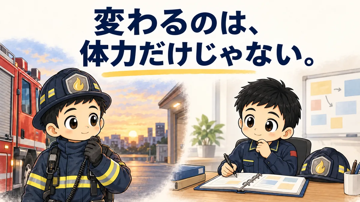現場で無線を持つ姿と机で計画を考える姿を並べた筆者キャラクター。「変わるのは、体力だけじゃない。」