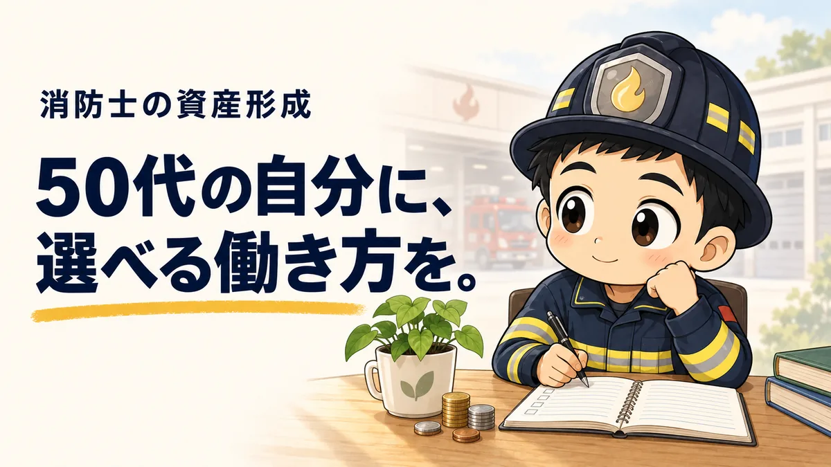将来の働き方を考える消防士の筆者キャラクター。「50代の自分に、選べる働き方を。」